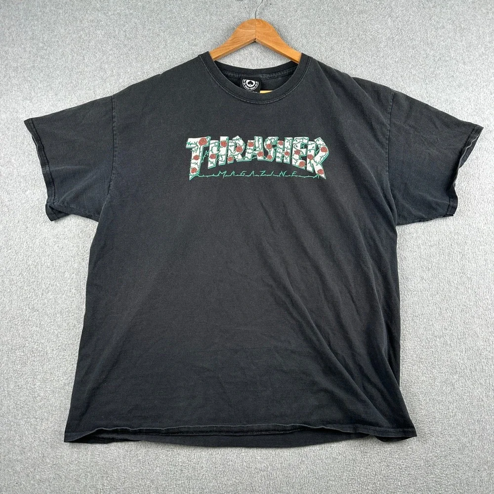 Thrasher T Shirt Mens XL Black Magazine Rose Logo Skateboard Graphic Tee